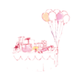 gezeichneter Geburtstagstisch mit Geschenken und Luftballons