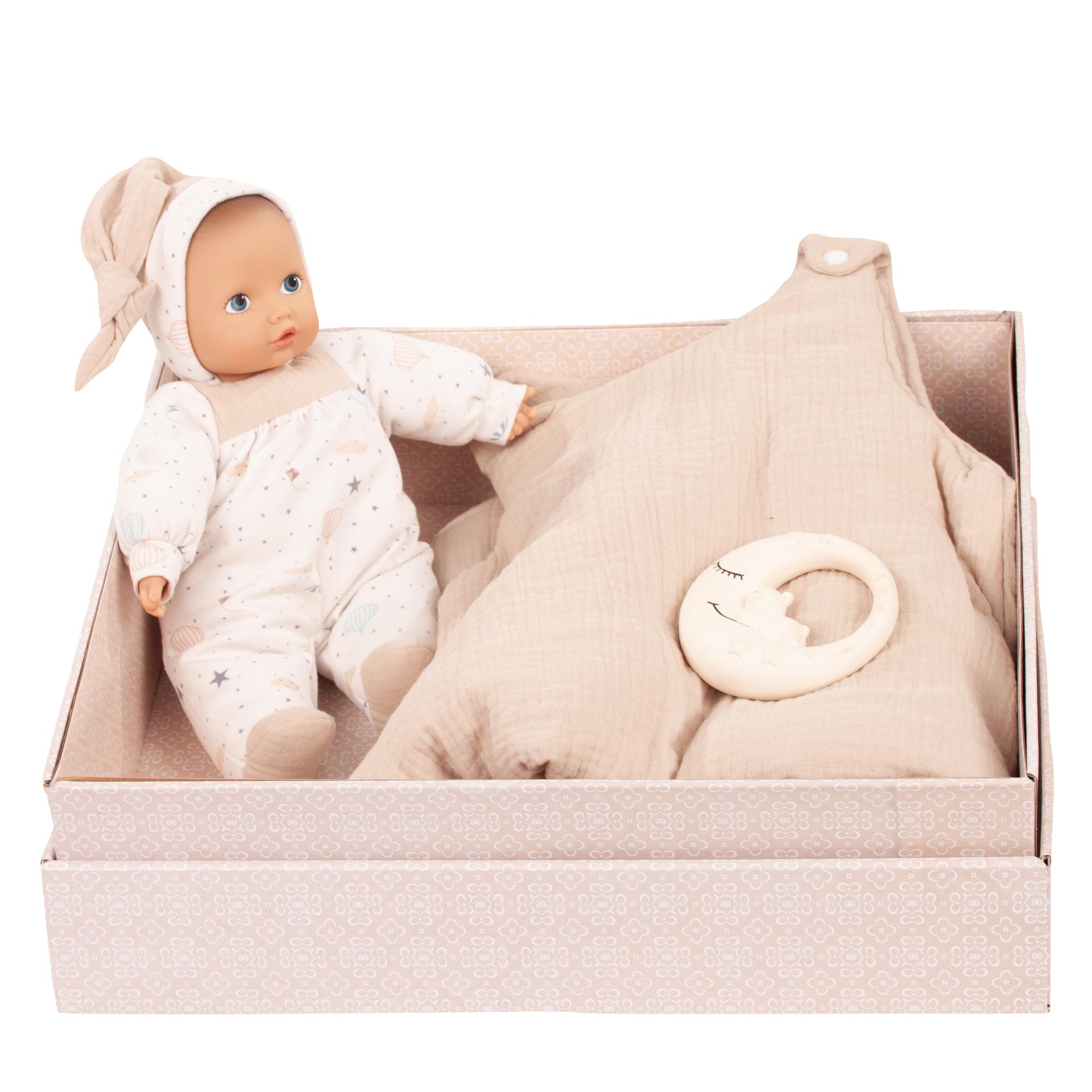 Babypuppe Gr. 33 cm für die Kleinsten, leicht und weich mit Schlafsack und Beissring fürs Kind in Geschenkbox