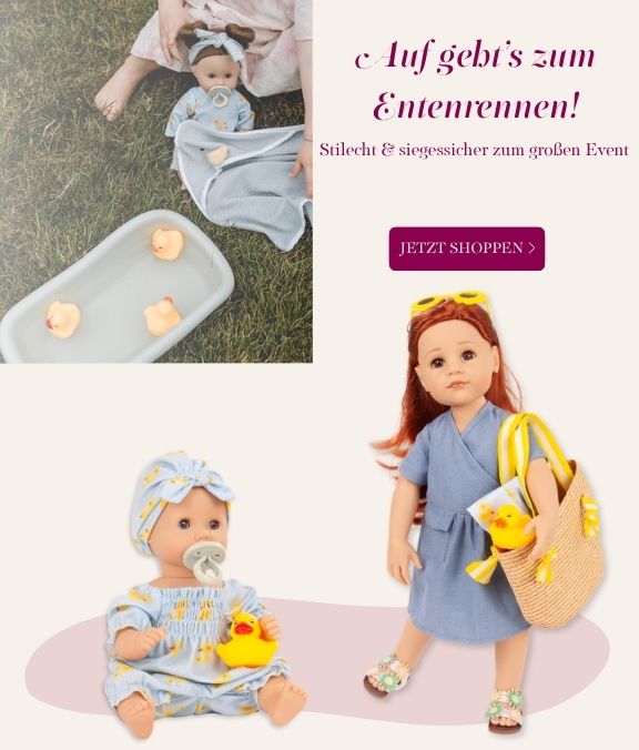 Babypuppen Gr. 30-33 cm und Stehpuppe Gr. 45-50 cm im Entendesign von Goetz