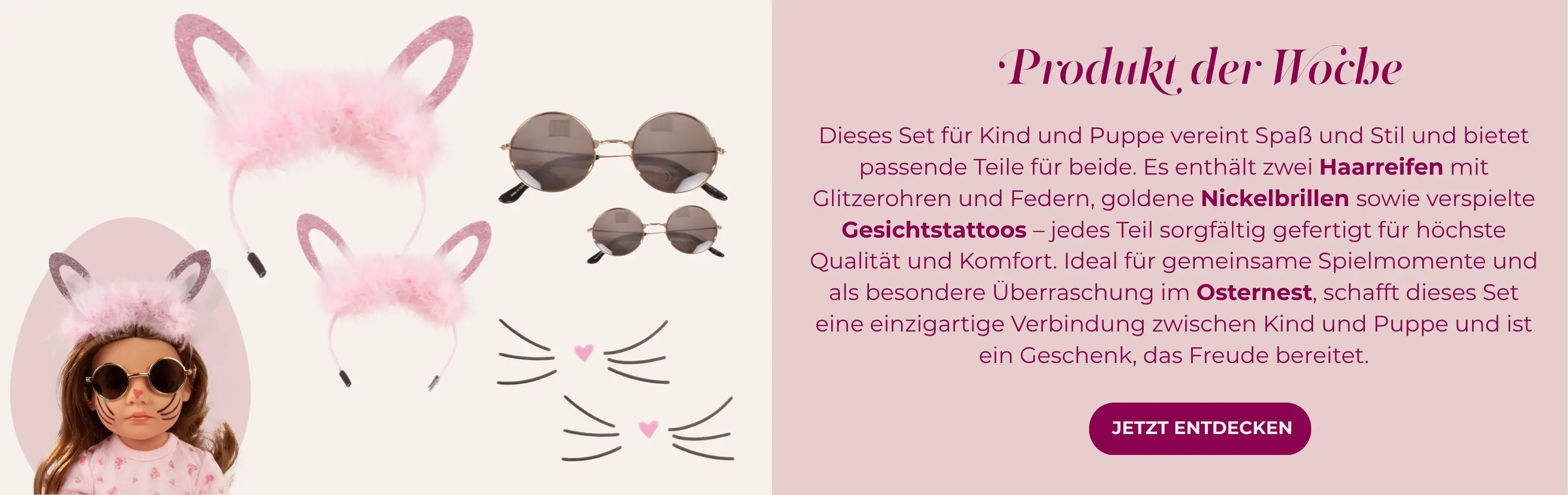 Osterset fuer Kind und Puppe. Bestehend aus zwei Haarreifen mit Federn und Glitzerohren, zwei Nickelbrillen in gold und zwei Gesichtstattos von Goetz