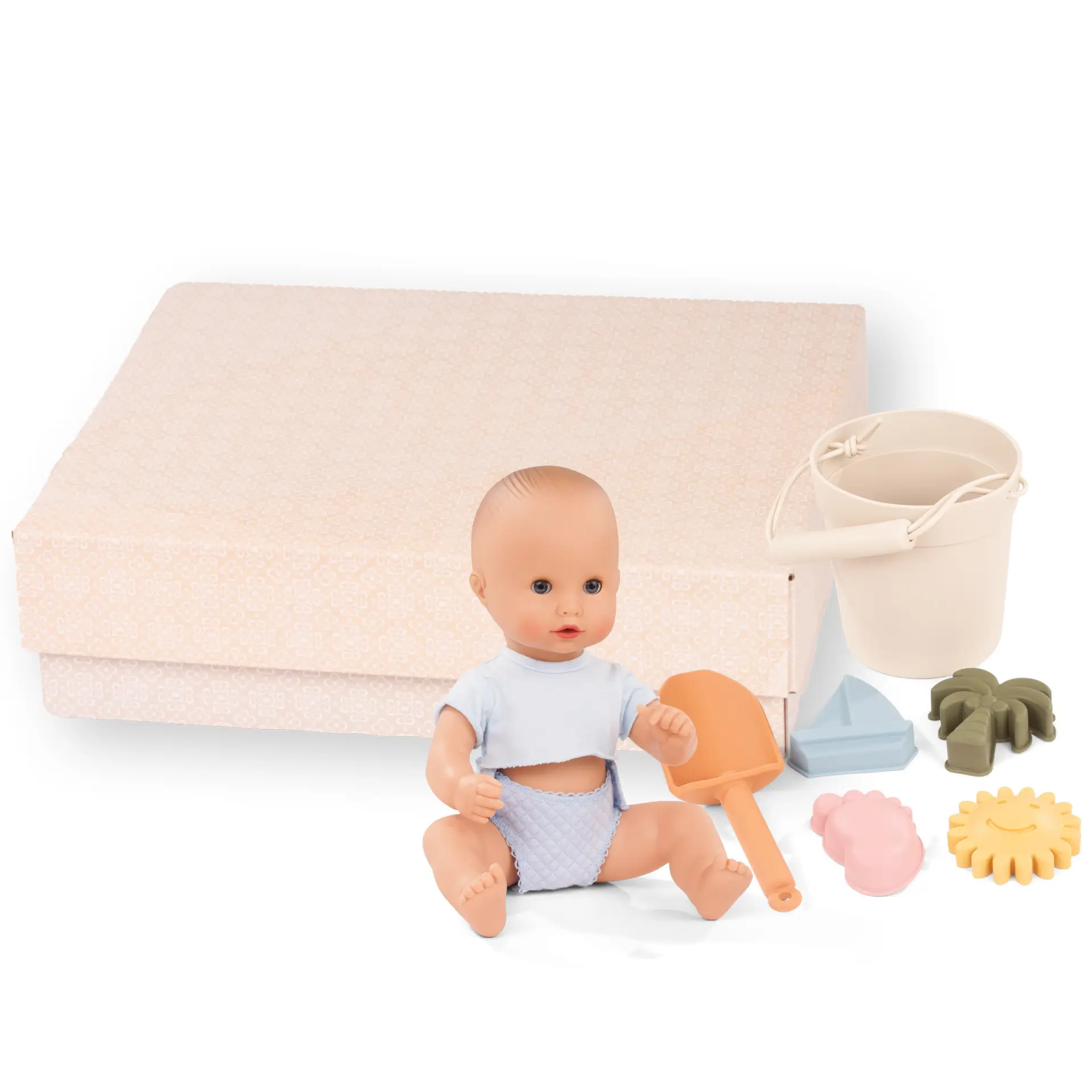 Badepuppe mit Schlafaugen ohne Haare Gr. 30 cm mit Strandspielzeug, Schaufel, vier Foermchen und einem Eimer Set in edler Geschenkbox
