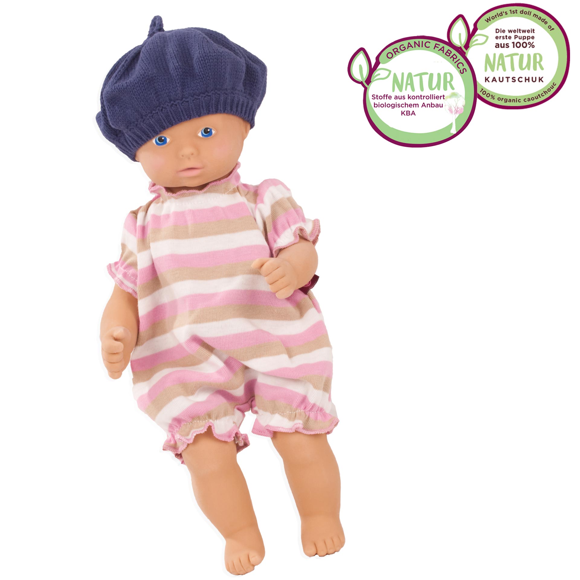 3403527-set-lina-blockstreifen-naturkautschukpuppe-goetz set-lina-blockstreifen-bekleidung-goetz-nachhaltig-vegan-oekologisch-strampler-baskenmuetze-strickmuetze-kautschukpuppe-naturkautschuk