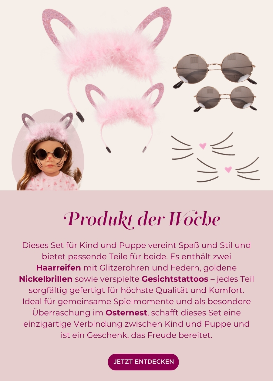 Osterset fuer Kind und Puppe. Bestehend aus zwei Haarreifen mit Federn und Glitzerohren, zwei Nickelbrillen in gold und zwei Gesichtstattos von Goetz