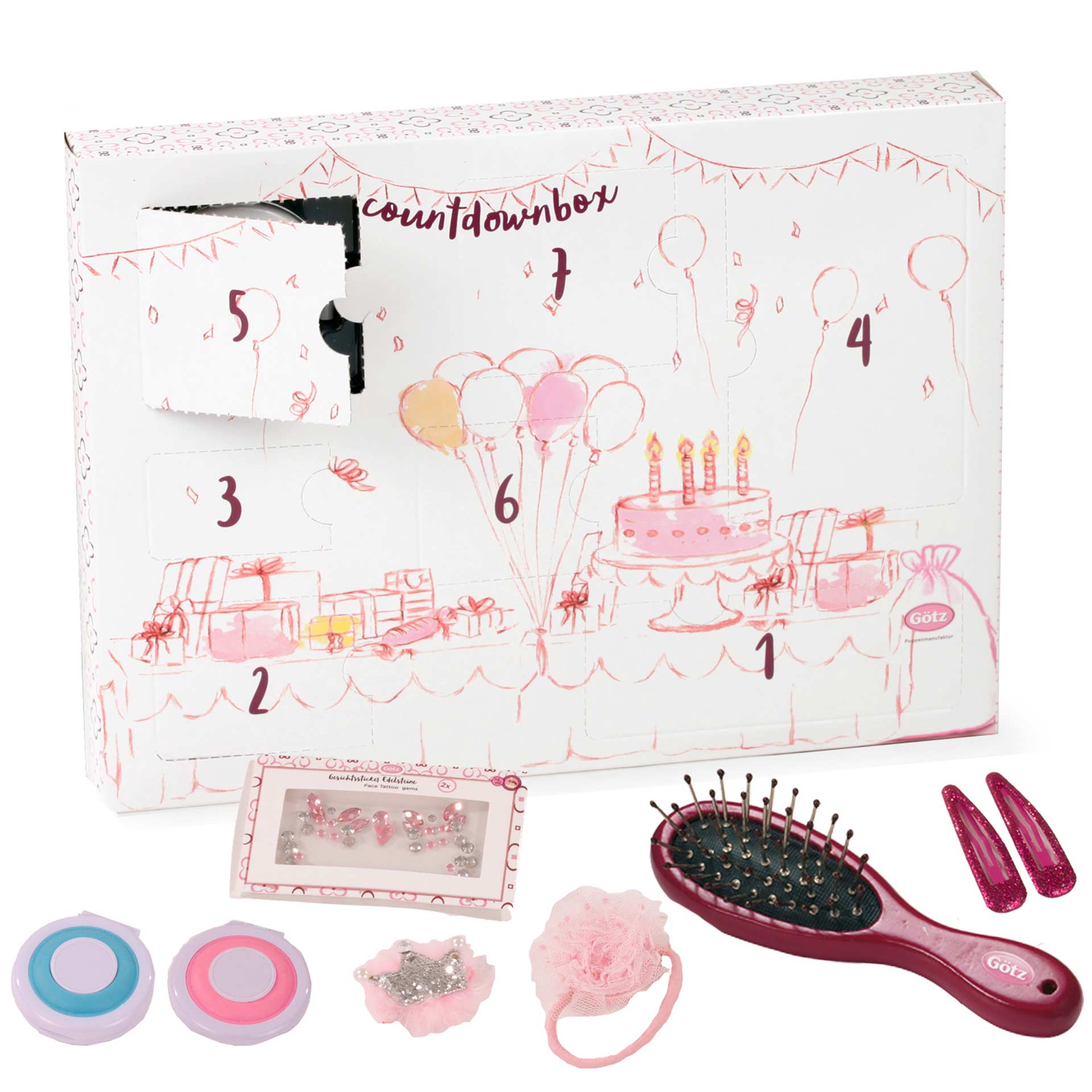 3403340-countdown-box-zubehoer-goetz countdown-box-frisierzubehoer-buerste-haargummi-glitzersteine-haarklammern-zopfhalter-kalender-goetz