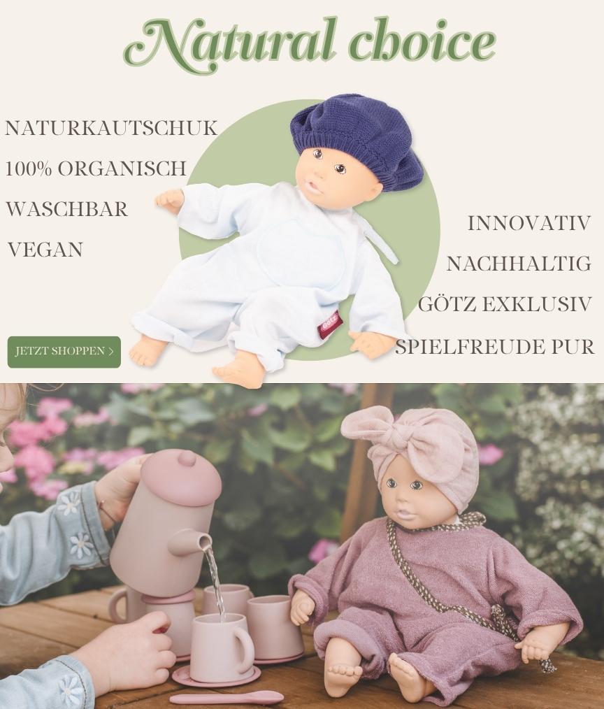 Kautschuk Babypuppe mit gemalten Augen. in Anzug mit Strickmuetze  Oekologisch, vegan und nachhaltig von Goetz
