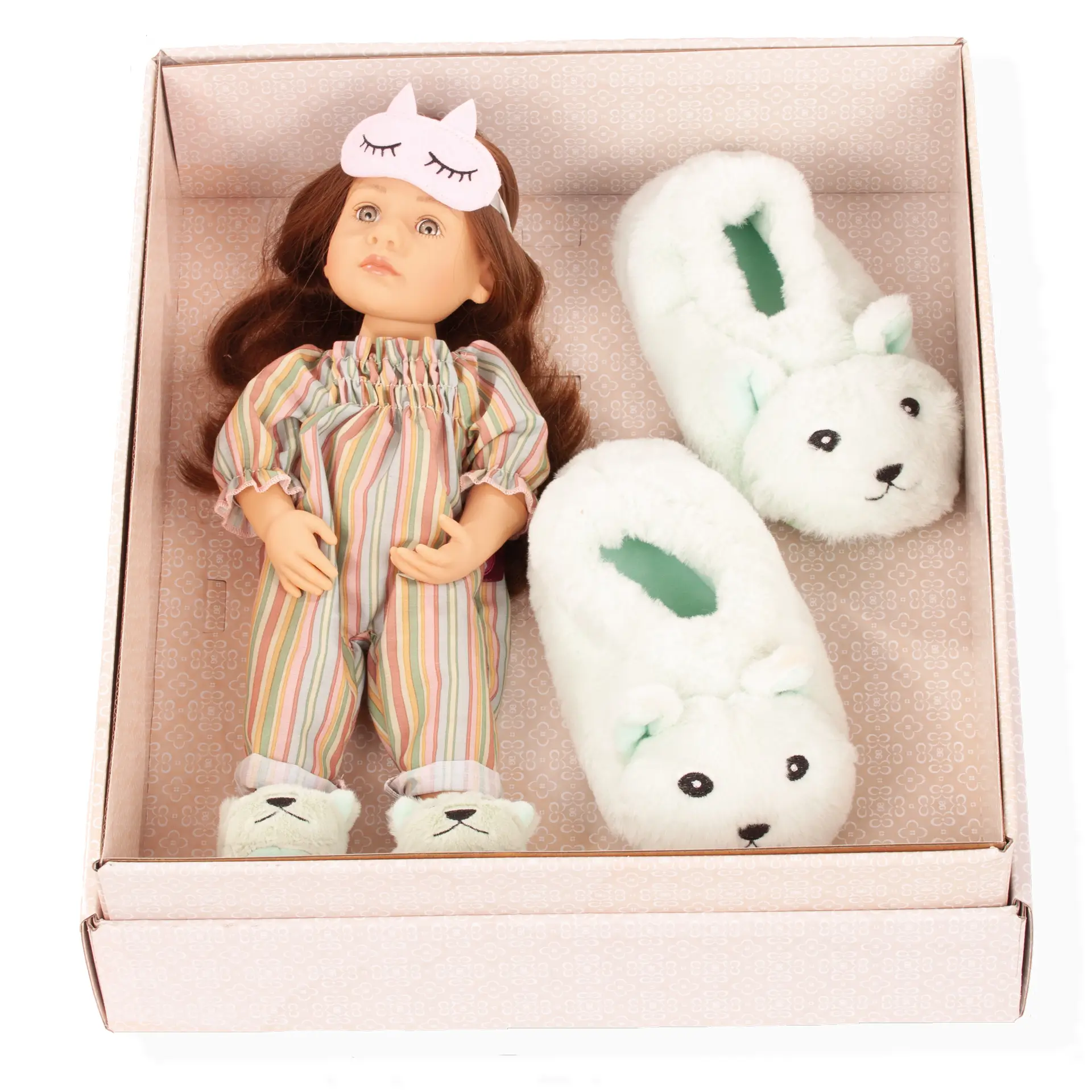 2511547 Little Kidz Slumberparty Multigelenkstehpuppe Geschenkset Goetz Stehpuppe Gr. 36 cm mit gestreiftem Overall Hausschuhen für Puppe und Kind im edlen Geschenkkarton Geschenkset