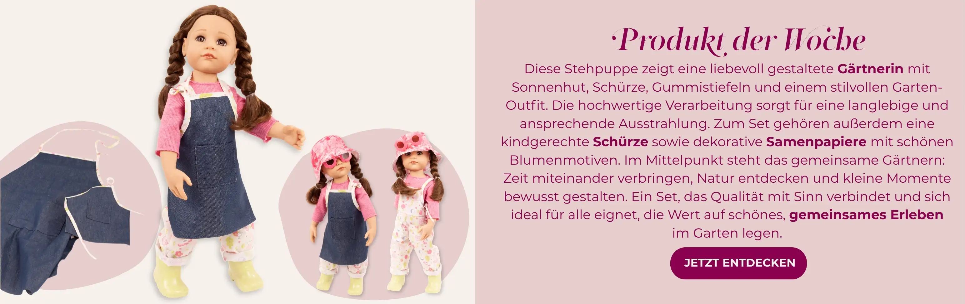 Stehpuppe Gr. 45-50 cm mit braunen Augen und braunem Haar. Bekleidet einer geblumten Latzhose mit hellgruenen Gummistiefeln und einer Denim-Schuerze dazu. Die Schuerze ist auch fuers Kind anbei. Von Goetz