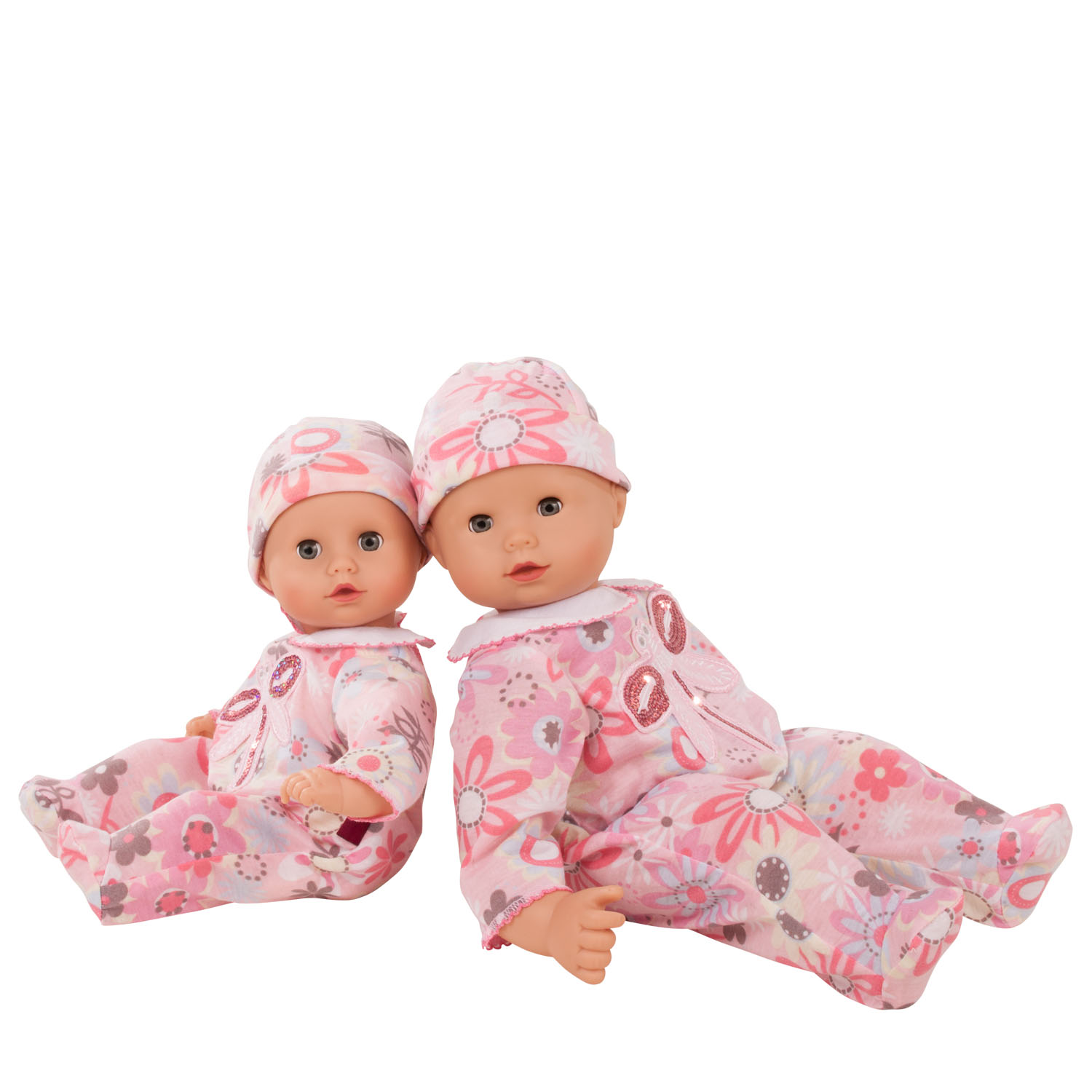 42 cm und 33 cm grosse Babypuppen tragen Strampler und Muetze mit Blumenmotiv