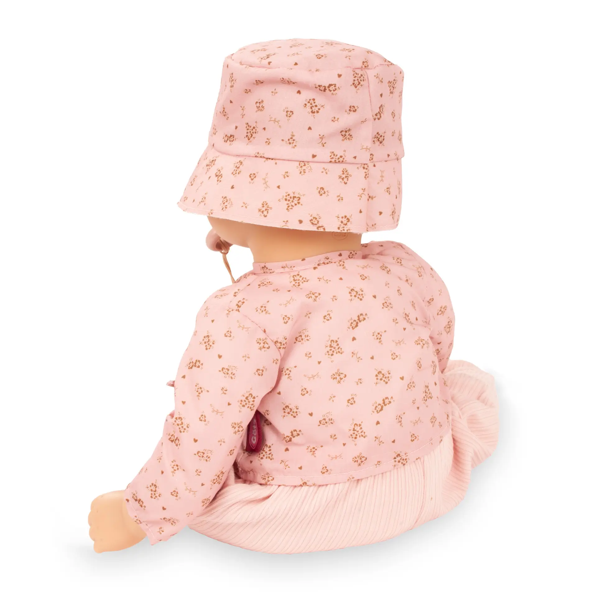 Babypuppe Gr. 48 cm in hellrosa Anzug mit Bluemchen, einem Langarmshirt, Hose, Cappy, Rueckansicht von Goetz