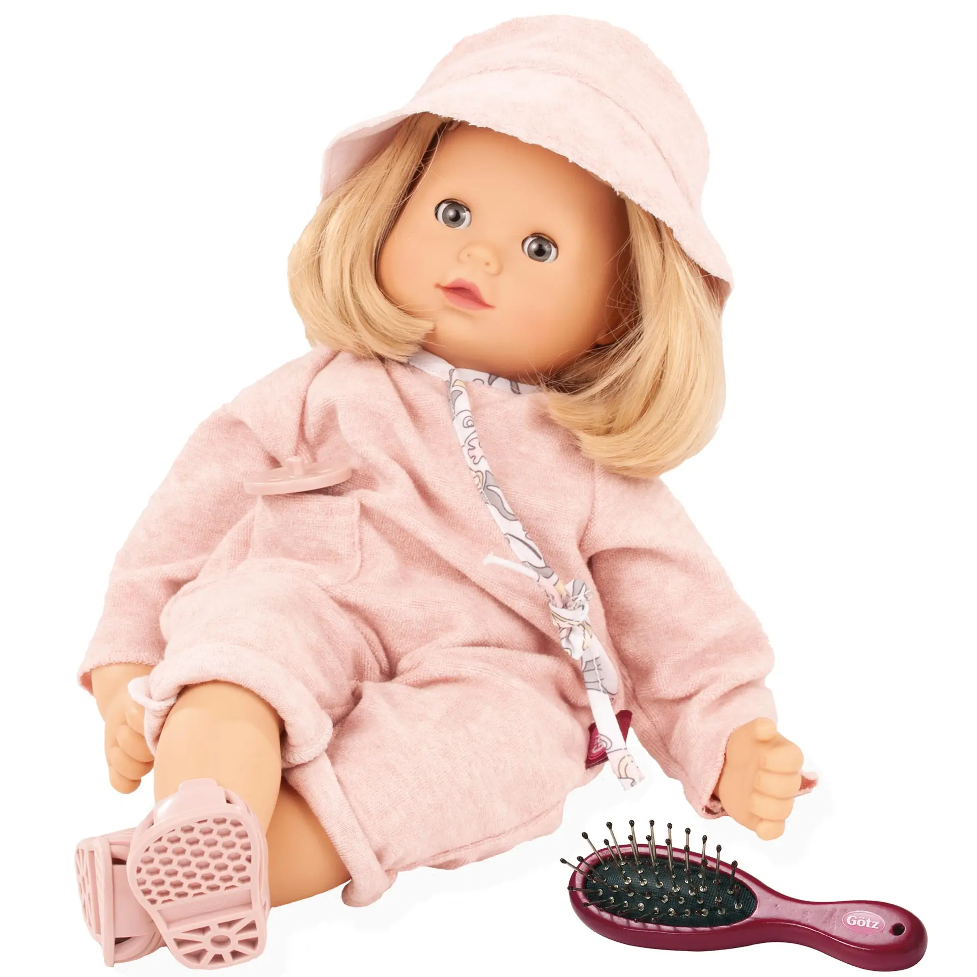 maxy-muffin-schmetterling-babypuppe-goetz-hut-sommeranzug-schnuller-sandalen-blond-pagenkopf-schlafaugen-blaue-augen-buerste