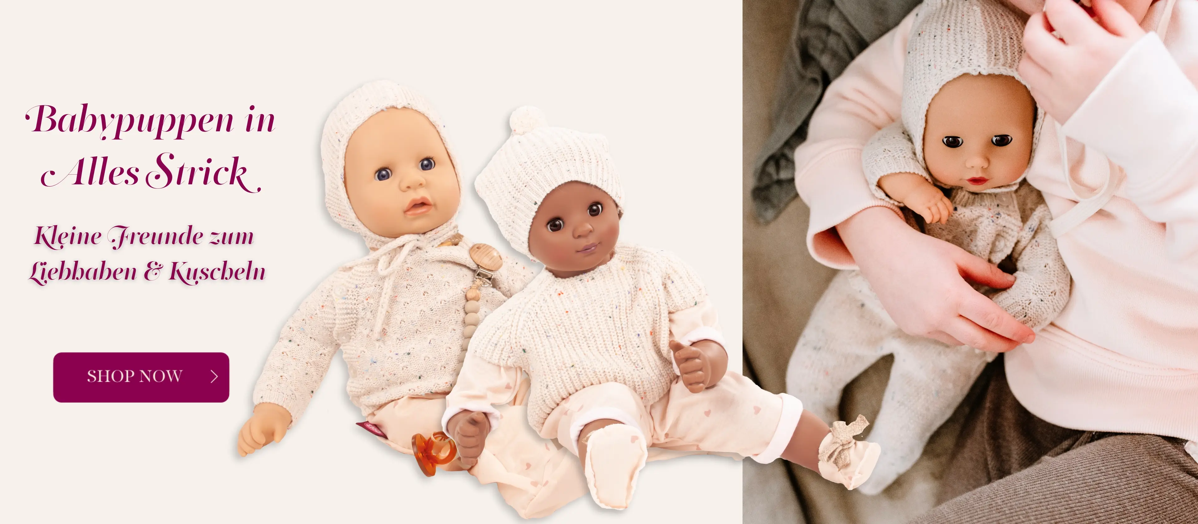 Babypuppen der Gr. 30-33 cm, 42-46 cm und 48 cm in beigem Strick-Outfit von Goetz