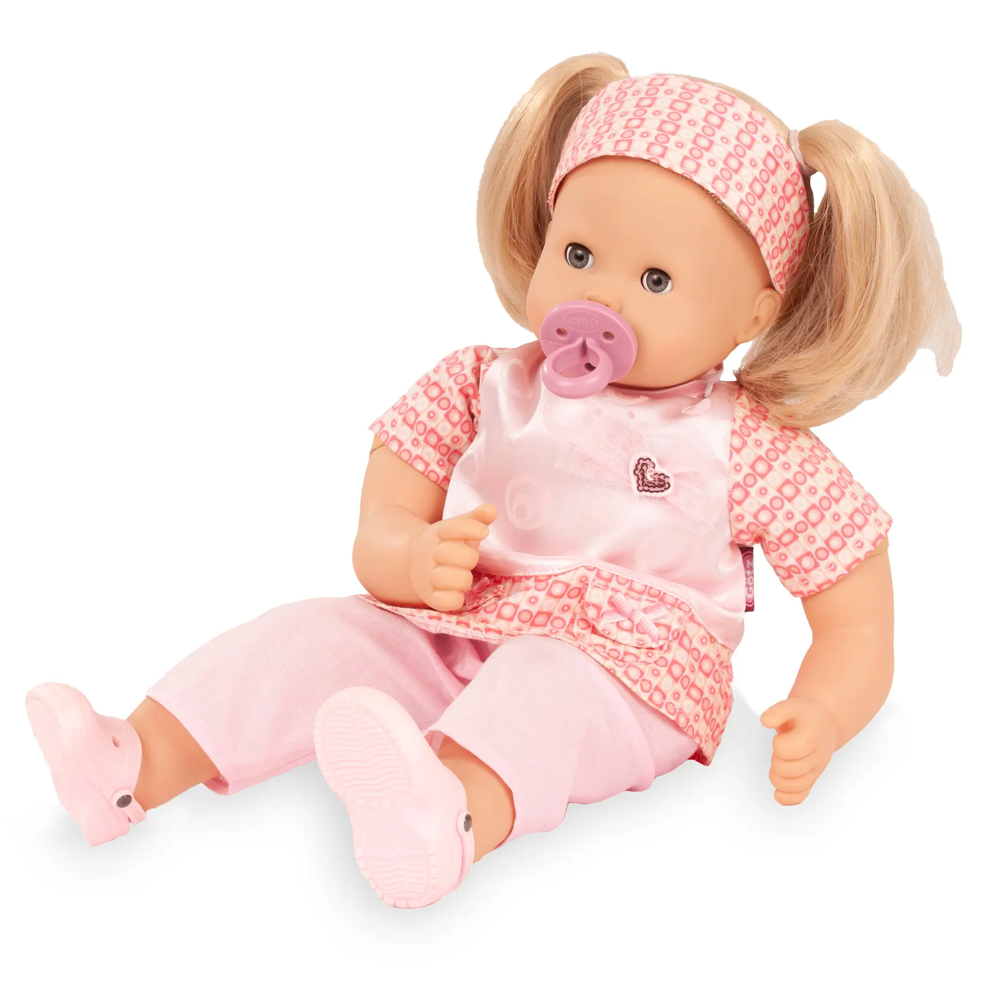 Babypuppe Gr. M mit blondem Haar, blauen Schlafaugen, rosa Bekleidungsset mit Haarband und Dollocs von Goetz