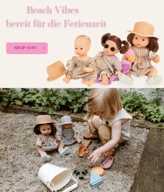 Badepuppen Gr. 30-33 cm und Gr. 42-46 cm mit Sandspielzeug aus Silikon in Naturtoenen