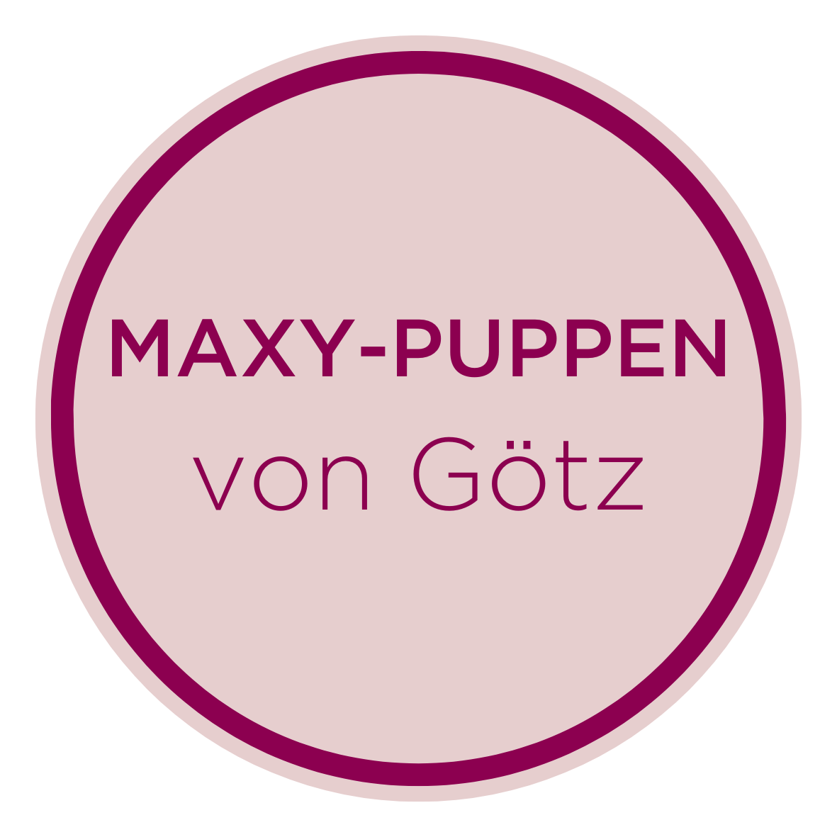 Maxy Puppen von Goetz Rundes Logo mit der Aufschrift Maxy Puppen von Goetz auf rosa Hintergrund