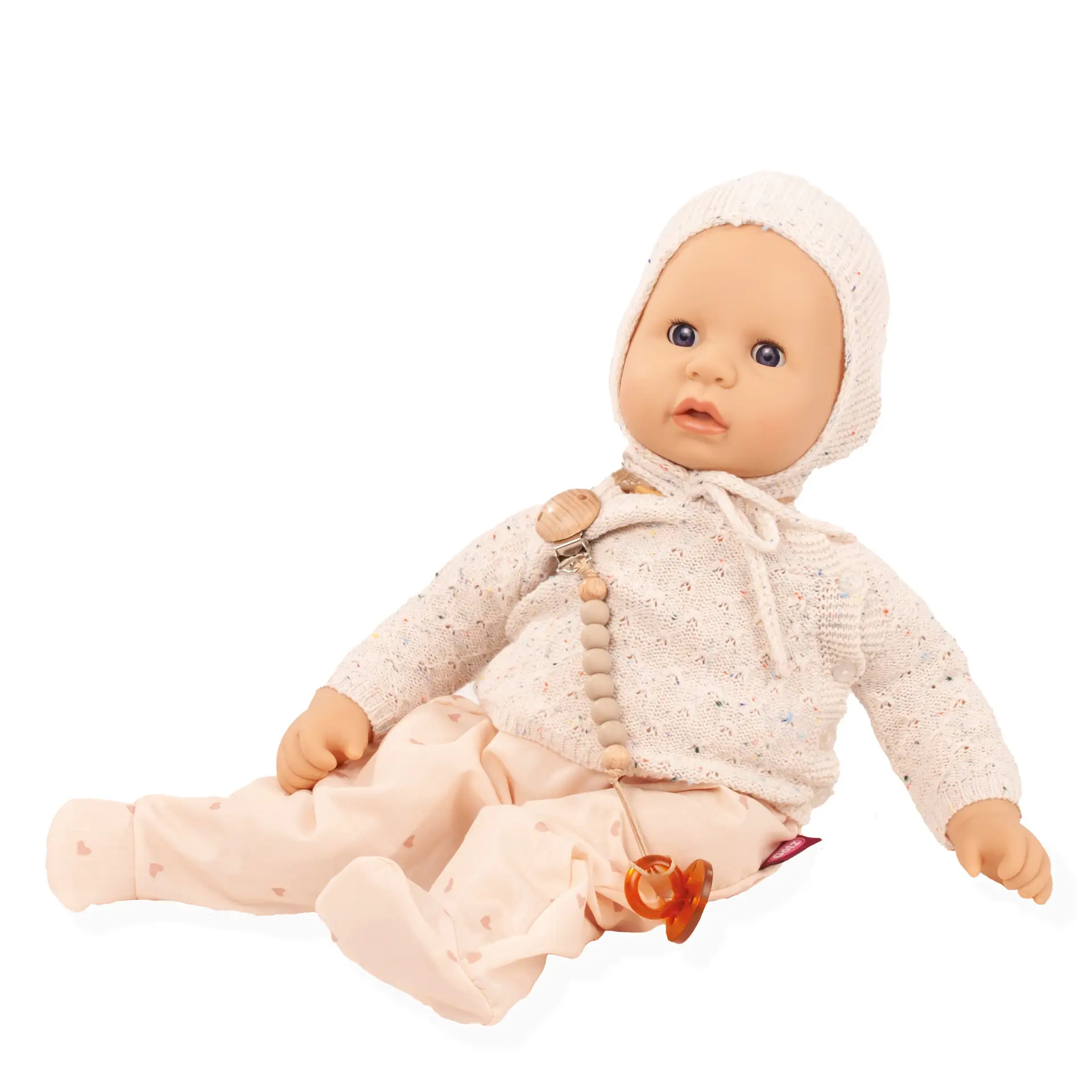 2561055-cookie-alles-strick-babypuppe-goetz cookie-alles-strick-babypuppe-goetz-strickmuetze-strickpullover-anzug-schnuller-schnullerkette-schlafaugen-windel-ohne-haare-blaue-augen
