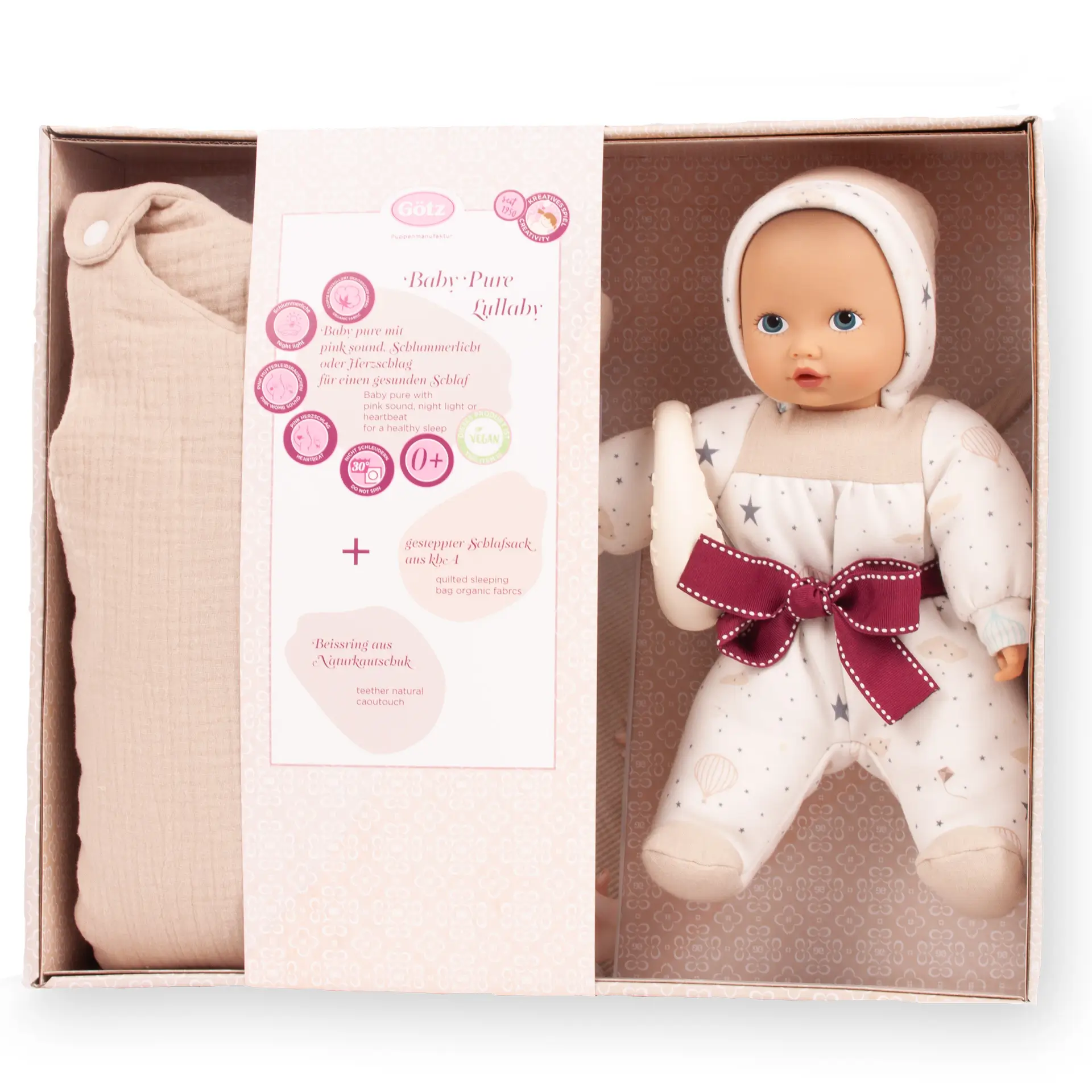 2491525 Baby Pure Lullaby Babypuppe Geschenkset Goetz Babypuppe mit Sound Gr. 33 cm für die Kleinsten, leicht und weich mit Schlafsack und Beissring fürs Kind in Geschenkbox