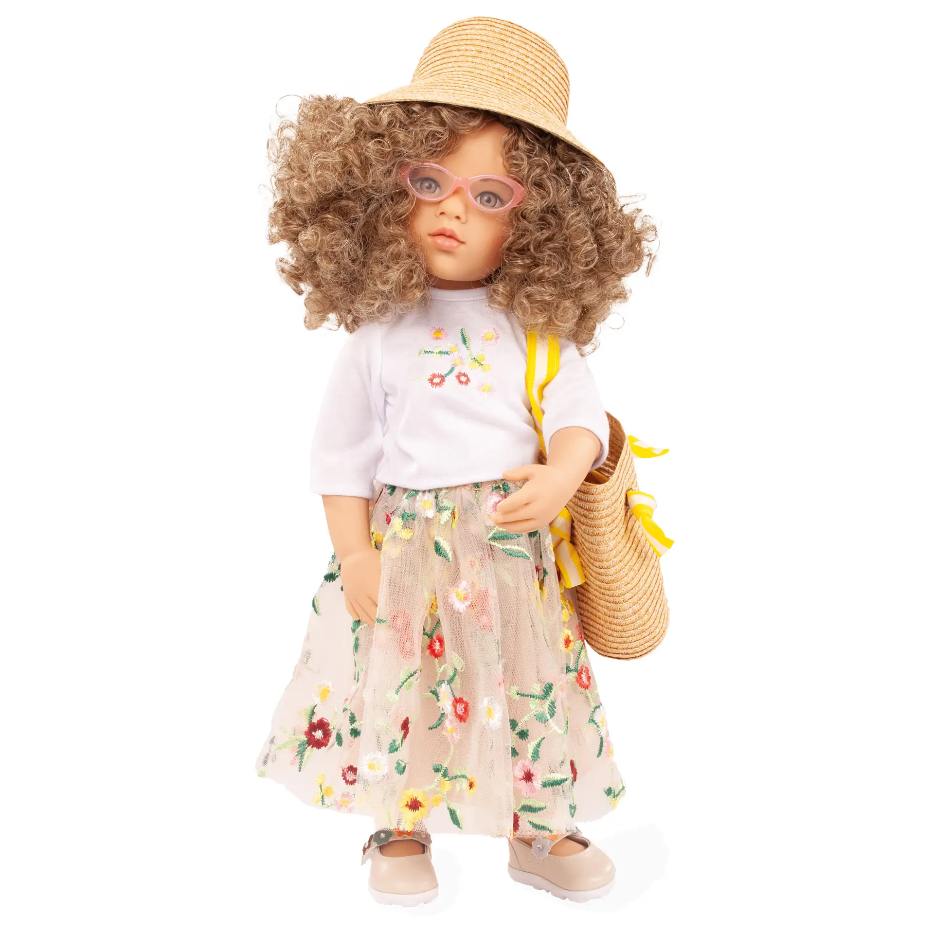 happy-kidz-mara-multigelenkstehpuppe-goetz-strohhut-basttasche-brille-rock-spangenschuhe-sommerschuhe-gelockt-shirt-bestickt-feststehende-augen