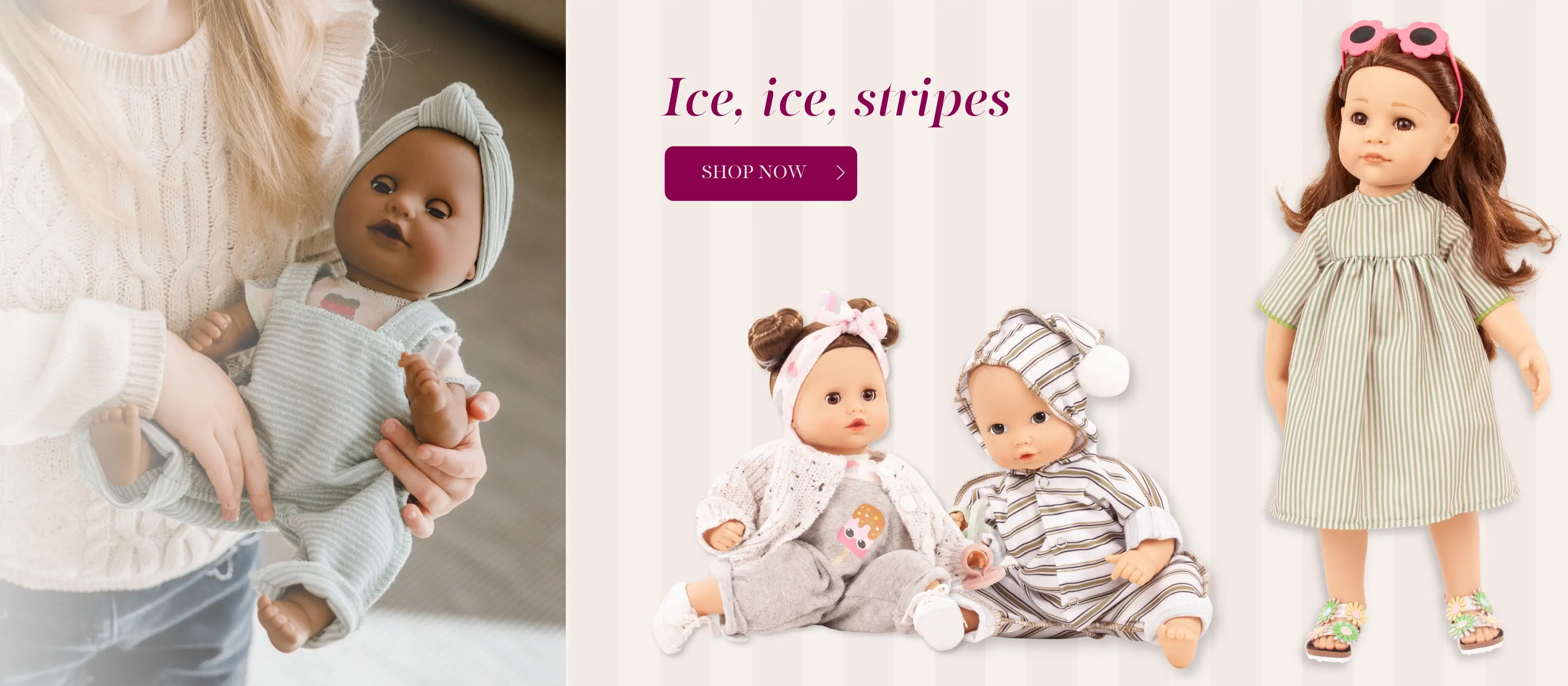 Steh- und Babypuppen in gestreiften und geringelten Outfits von Goetz