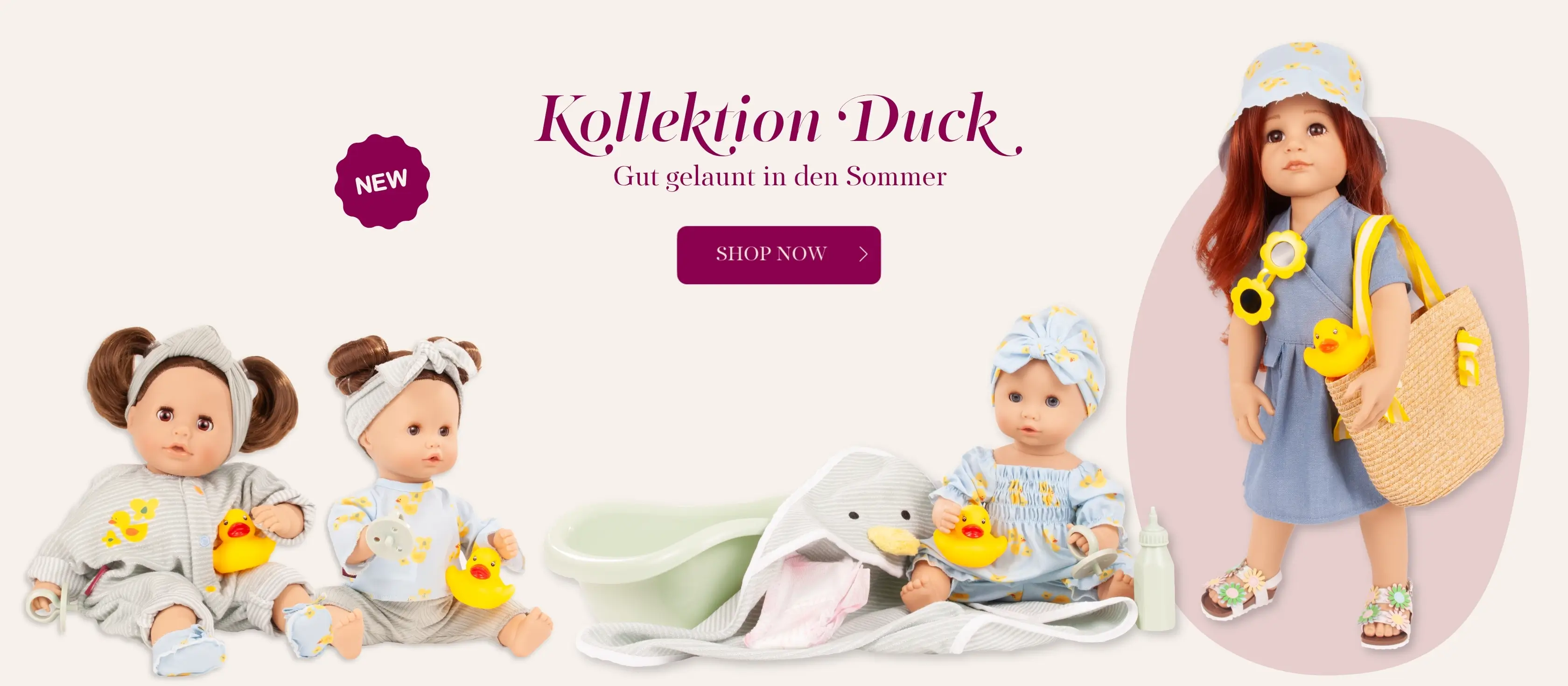 Puppenkollektion Duck Babypuppen Gr. 30-33 cm und Stehpuppe 45-50 cm mit Entenmotiv von Goetz