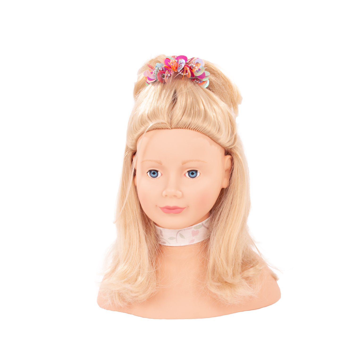 haarwerk-blond-frisierkopf-goetz-buntes-haargummi-halsband