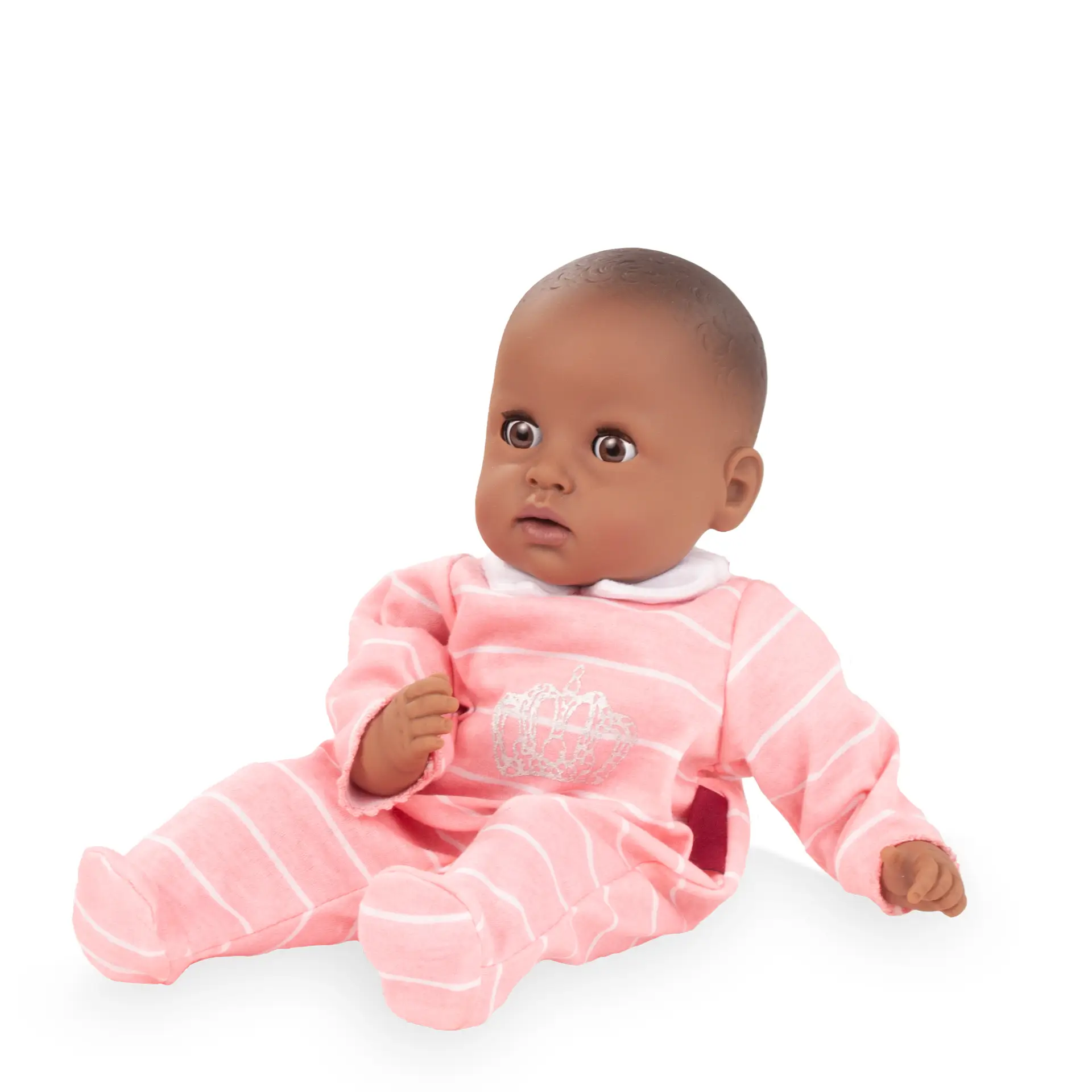 Strampler Gr. 30-33 cm in rosa mit weissen Ringeln und einer Glitzerkrone, angezogen. Von Goetz