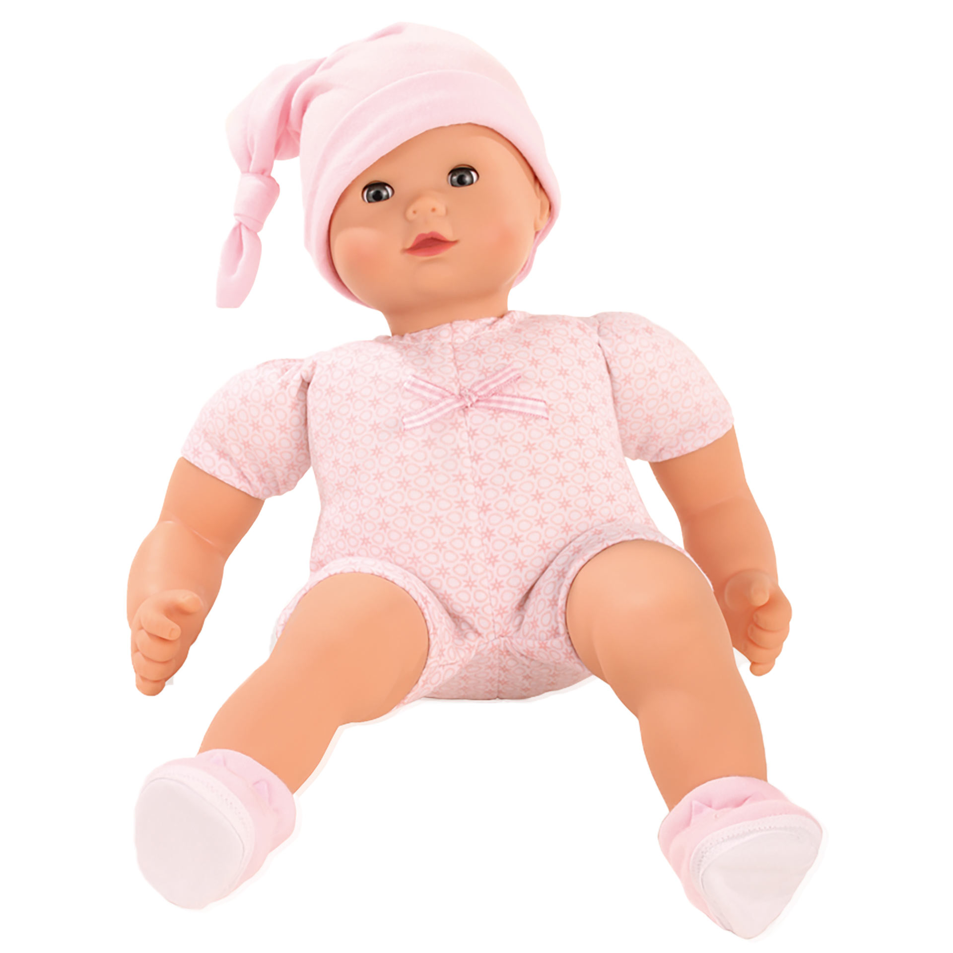 1527979-maxy-muffin-to-dress-babypuppe-goetz goetz-maxy-muffin-to-dress-blaue-schlafaugen-ohne-haare-rosa-zipfelmuetze