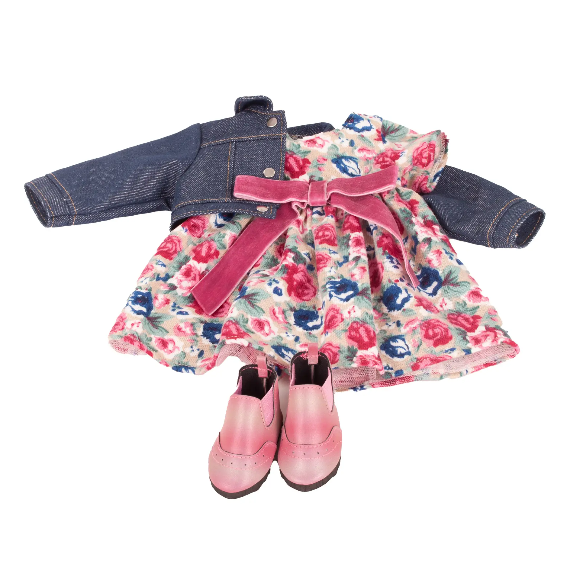 Bekleidung fuer Stehpuppen Gr. 45-50 cm. Kleid mit Rosen und einer Samtschleife mit rosa-schilernden Boots und Jeans-Jacke von Goetz