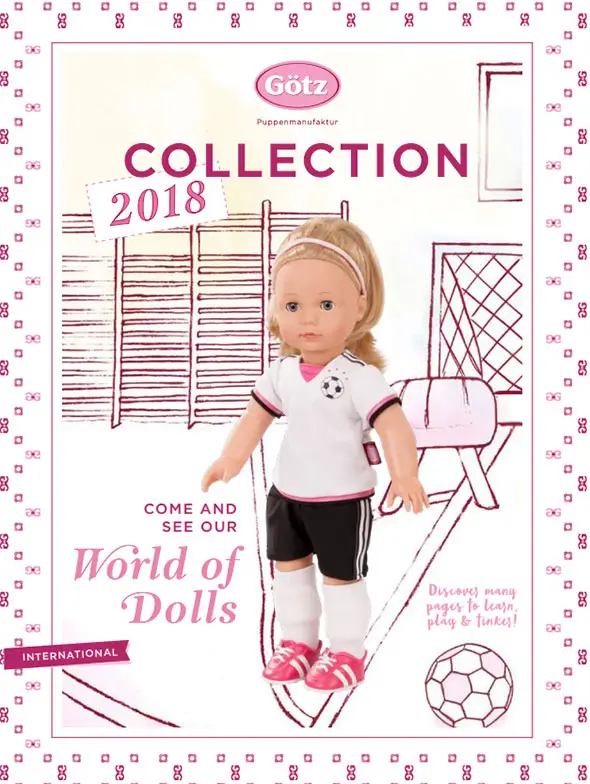 Cover of the Goetz Collection 2018 catalog with a 50 cm tall blonde standing soccer doll