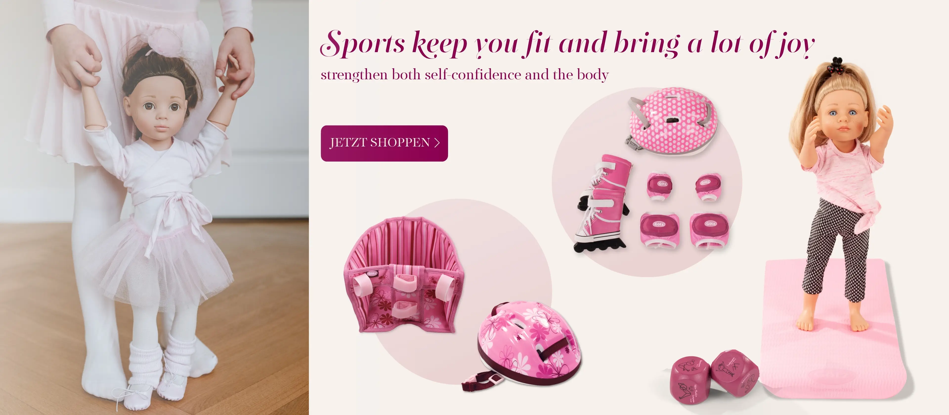 Sportoutfits und Outdoor-Zubehoer für Puppen. Inliner-Set, Ballettoutfit, Yoga-Stehpuppe mit Zubehoer und Rad- und Reithem mit Fahrradsitz von Goetz