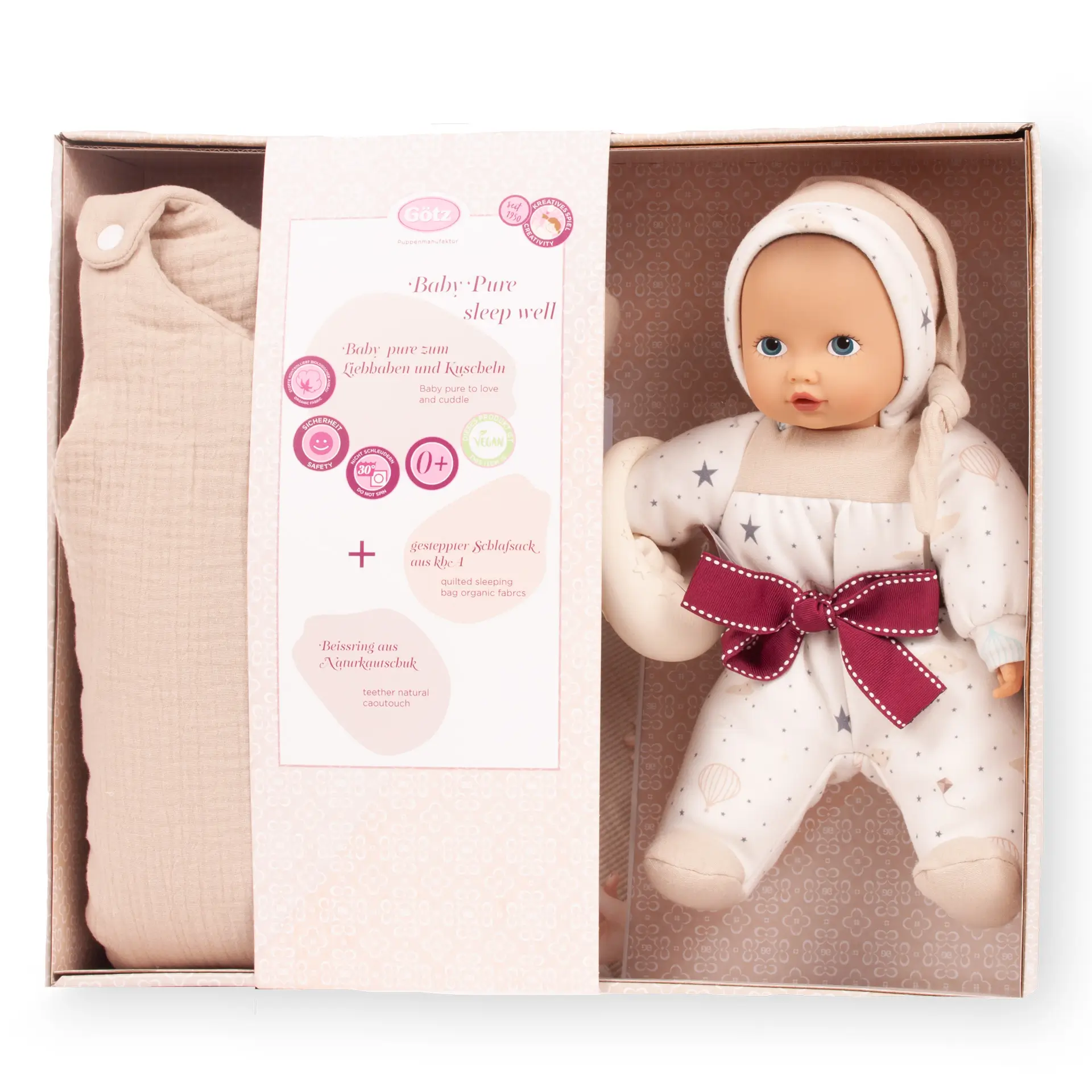 2491526 Baby Pure Sleep Well Babypuppe Geschenkset Goetz Babypuppe Gr. 33 cm für die Kleinsten, leicht und weich mit Schlafsack und Beissring fürs Kind in Geschenkbox