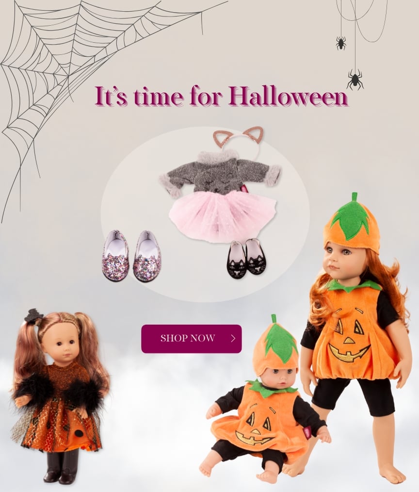 Stehpuppe, Kleidung und Zubehoer fuer Halloween von Goetz Stehpuppe in Gr. 27 cm und Kleidung und Zubehoer in Gr. 45-50 cm und 30-33 cm für Halloween von Goetz