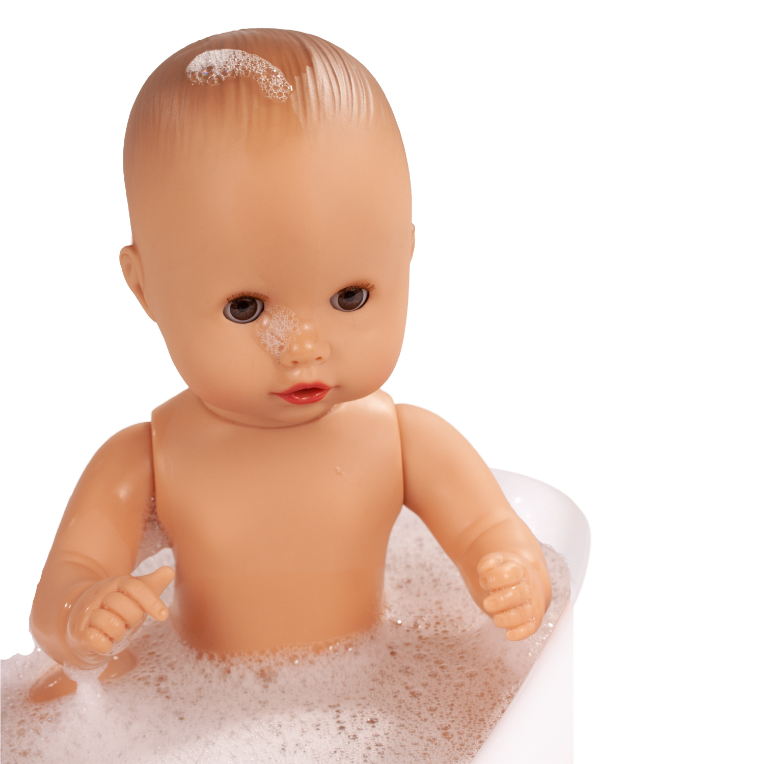 Badepuppe ohne Haare mit braunen Schlafaugen 33 cm groß in Badewanne