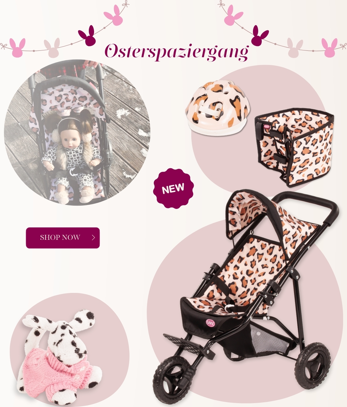Outdoorzuebehoer fuer Baby- und Stehpuppe. Puppenbuggy im Leo-Look, Fahrradsitz, Radhelm, ein Plueschhund und ein Regenschirm mit Regenstiefeln von Goetz 