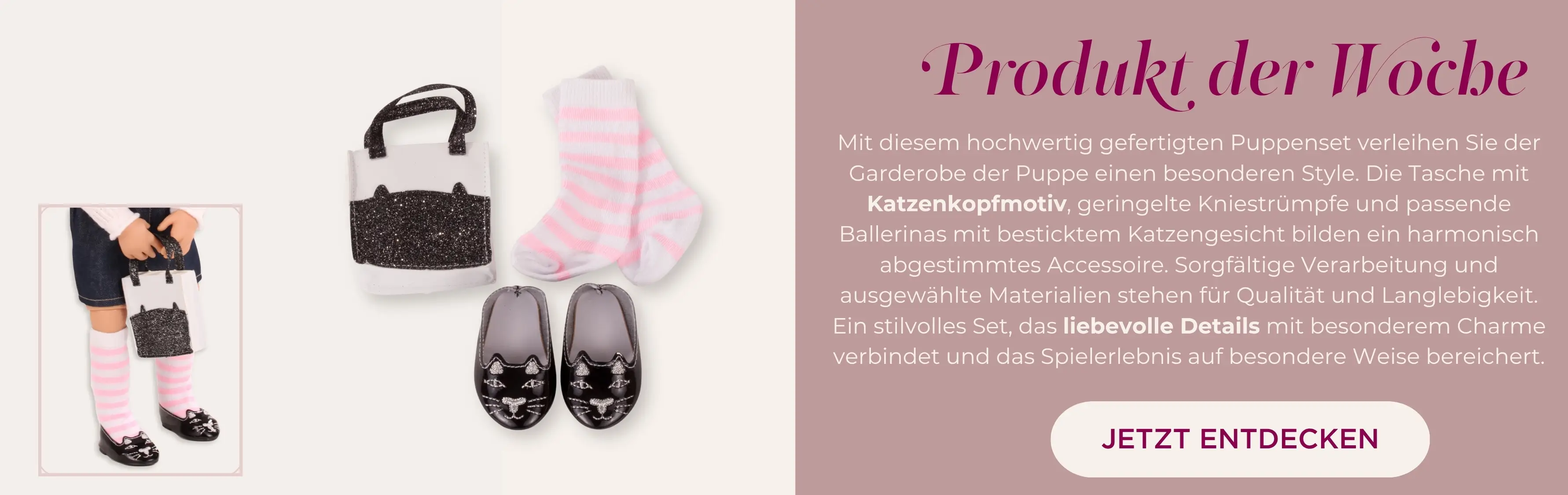 Set fuer Stehpuppen Gr. 45-50 cm, bestehend aus Kniestruempfen, Ballerinas in schwarz mit silber Katzengesicht und einer schwarz-weissen Tasche von Goetz