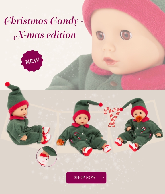 Babypuppe Gr. 33 cm in exklusivem Weihnachtsanzug mit suessen Weihnachtsmann-Schuhen von Goetz
