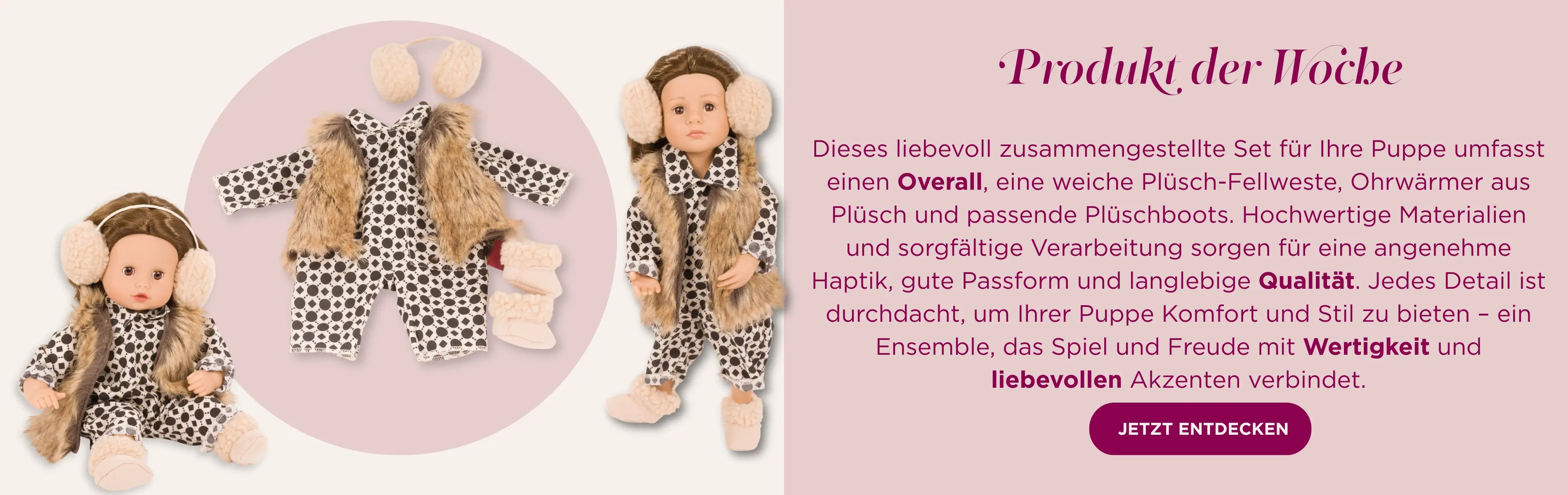 Kombi für Stehpuppen Gr. 36 cm und BAbypuppen Gr. 30-33 cm. Ein Overall mit Plueschfell-Weste und Plueschohrenwaermer und Plueschboots in beige.Von Goetz