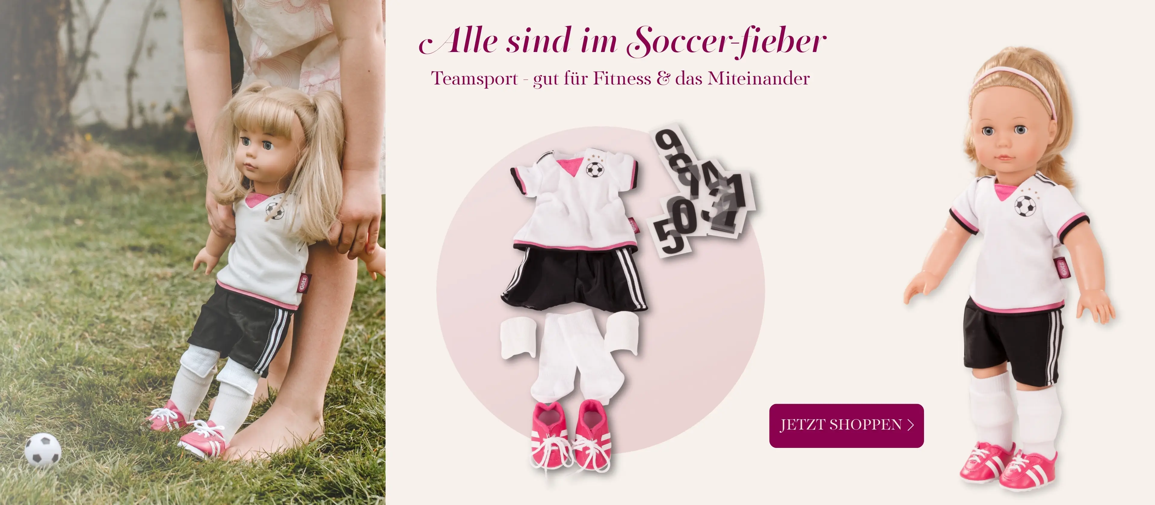 Bekleidungsset Soccer fuer Stehpuppen Gr. 45-50 cm in schwarz-weiss mit pinkfarbenen Fussballschuhen. Das Shirt kann mit den beiliegenden Zahlen individuell eine Zahl aufgebuegelt werden. Schienbeinschoner und ein Fussball sind auch dabei. Goetz