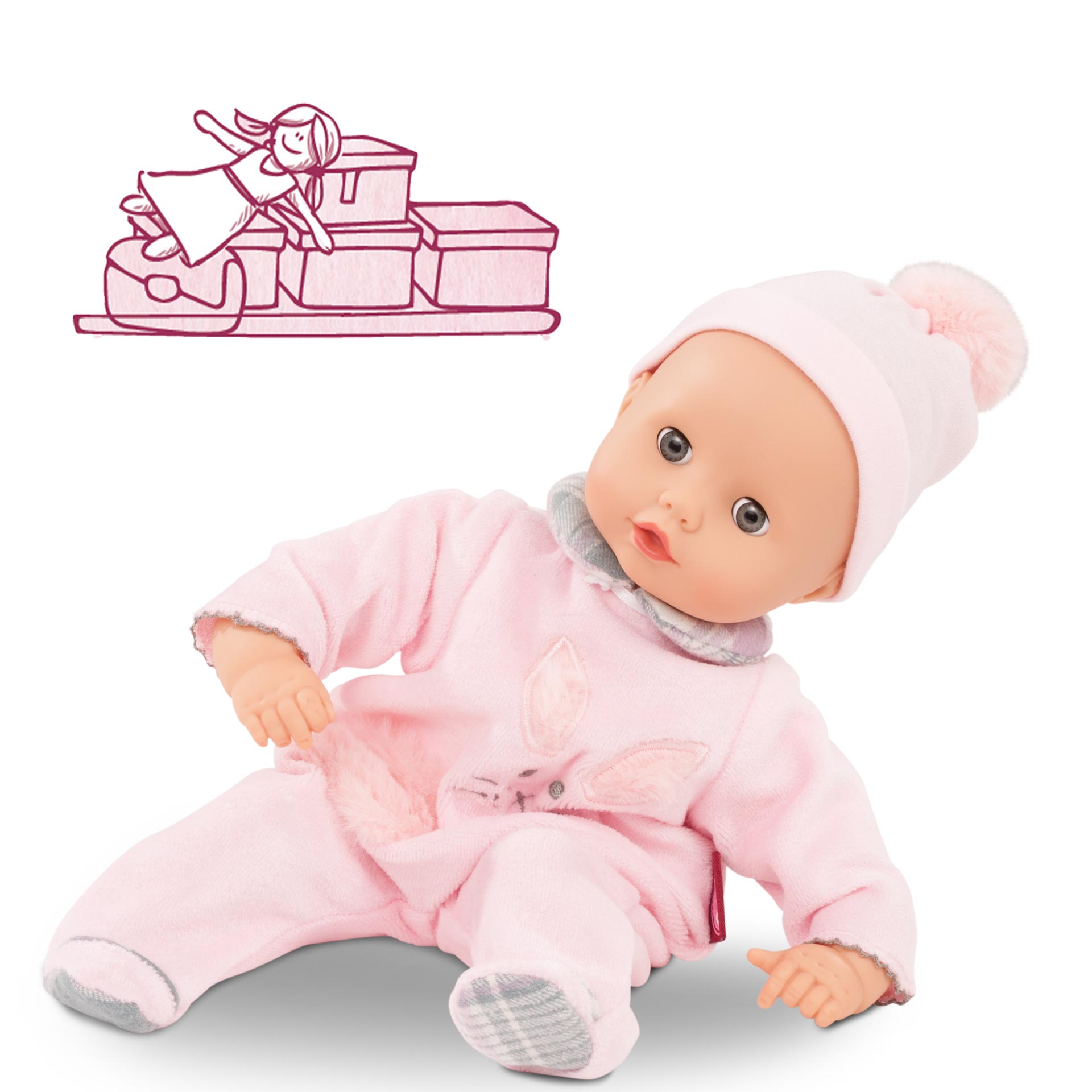 2120543-muffin-pastellino-babypuppe-goetz 2120543-muffin-pastellino-babypuppe-nickistrampler-hasenmotiv-hasenaplikation-bommelmuetze-weichkoerper-goetz