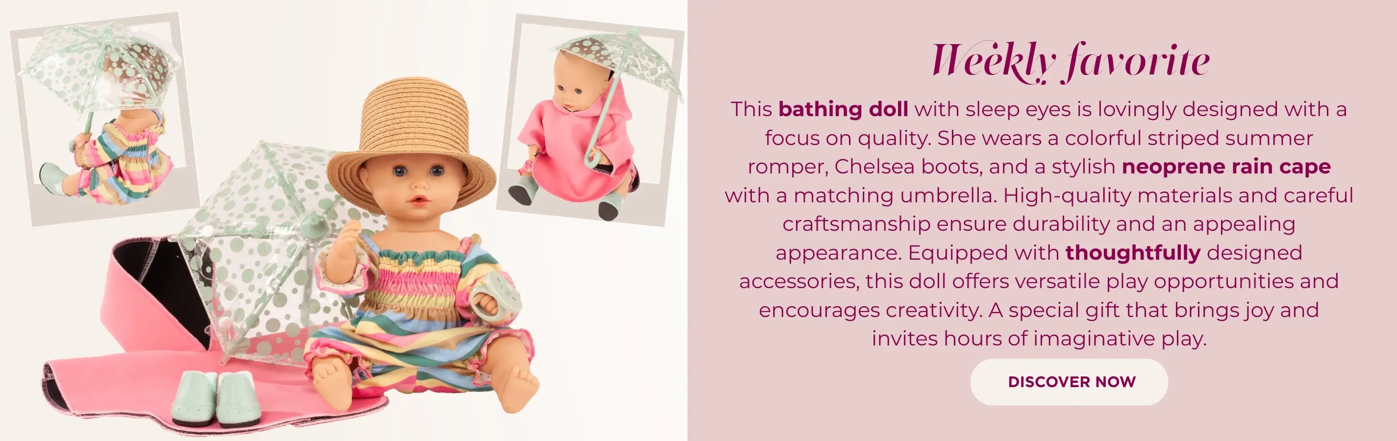 Badepuppe mit Schlafaugen  Gr. 30-33 cm mit Zubehoer. Sommerstrampler geringelt, Strohhut, Schnuller, Regencape und Regenschirm und Boots von Goetz