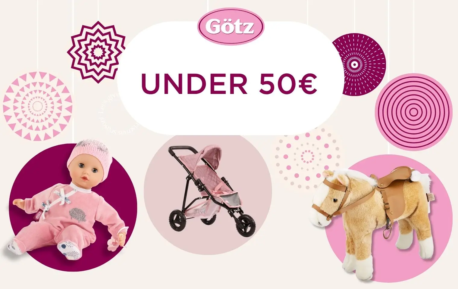 Gift ideas under 50 euro: brown plush horse, 30 cm baby doll in pink outfit and pink doll stroller