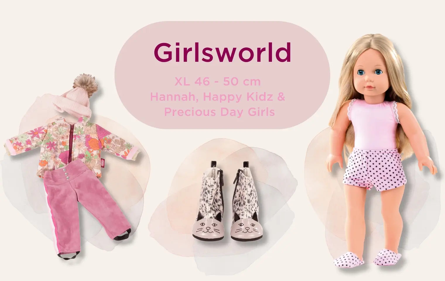 Girlsworld Gr. XL: 46 cm grosse blonde Stehpuppe mit Katzenstiefeln, Jacke, Steghose und Muetze