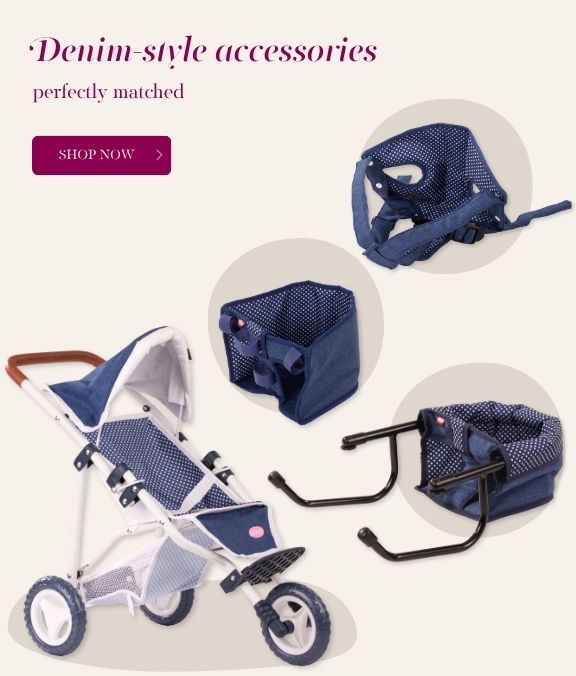 Puppenwagen, Fahrradsitz, Bauchtrage und Tischsitz in Denim von Goetz