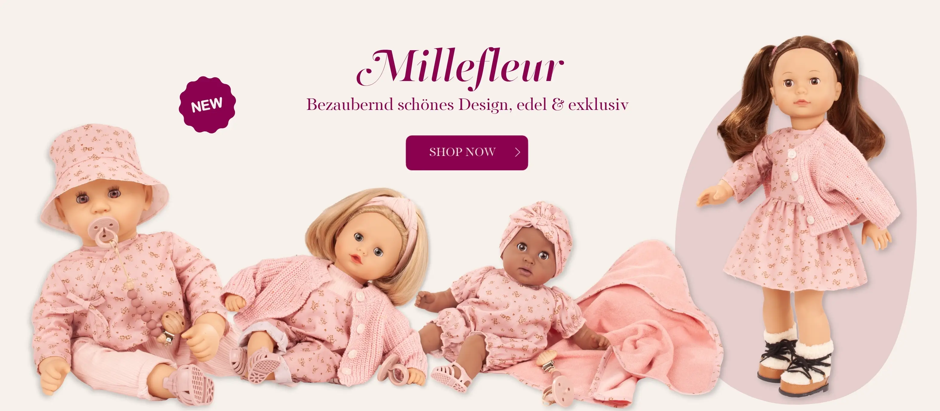 Stehpuppe 45-50 cm und Babypuppen 33-48 cm im Bekleidung mit Millefleur-Muster von Goetz