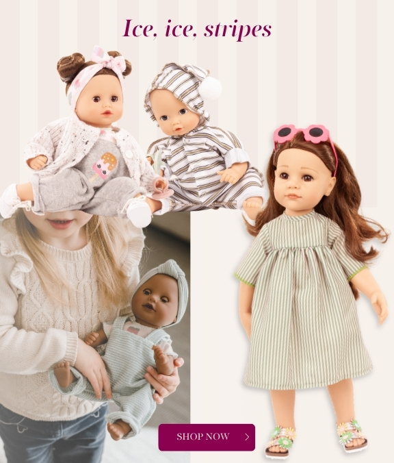 Steh- und Babypuppen in gestreiften und geringelten Outfits von Goetz