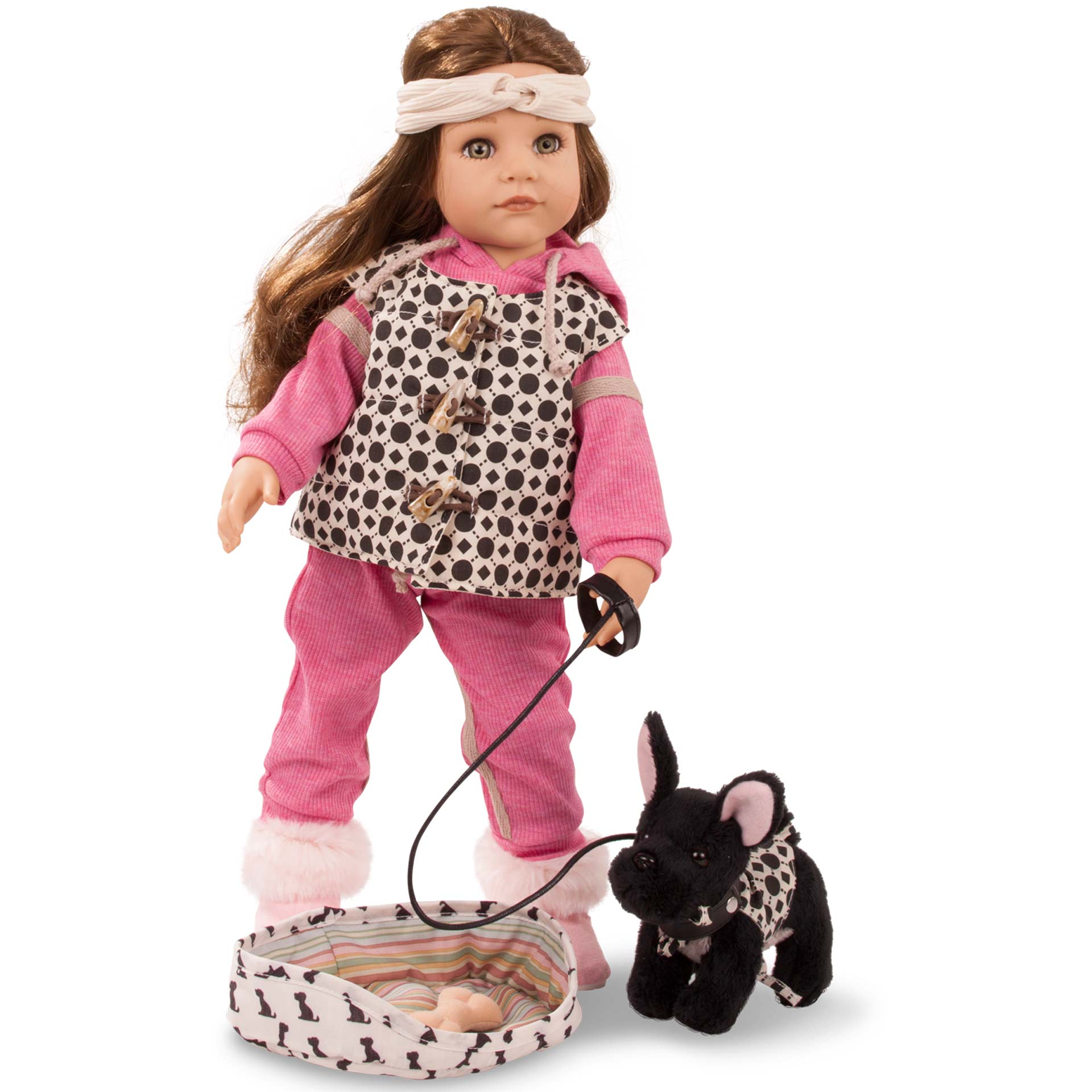 2259098-hannah-staycation-stehpuppe-goetz hannah-staycation-stehpuppe-jogginganzug-weste-stirnband-fellboots-hund-hundekorb-hundeknochen-goetz
