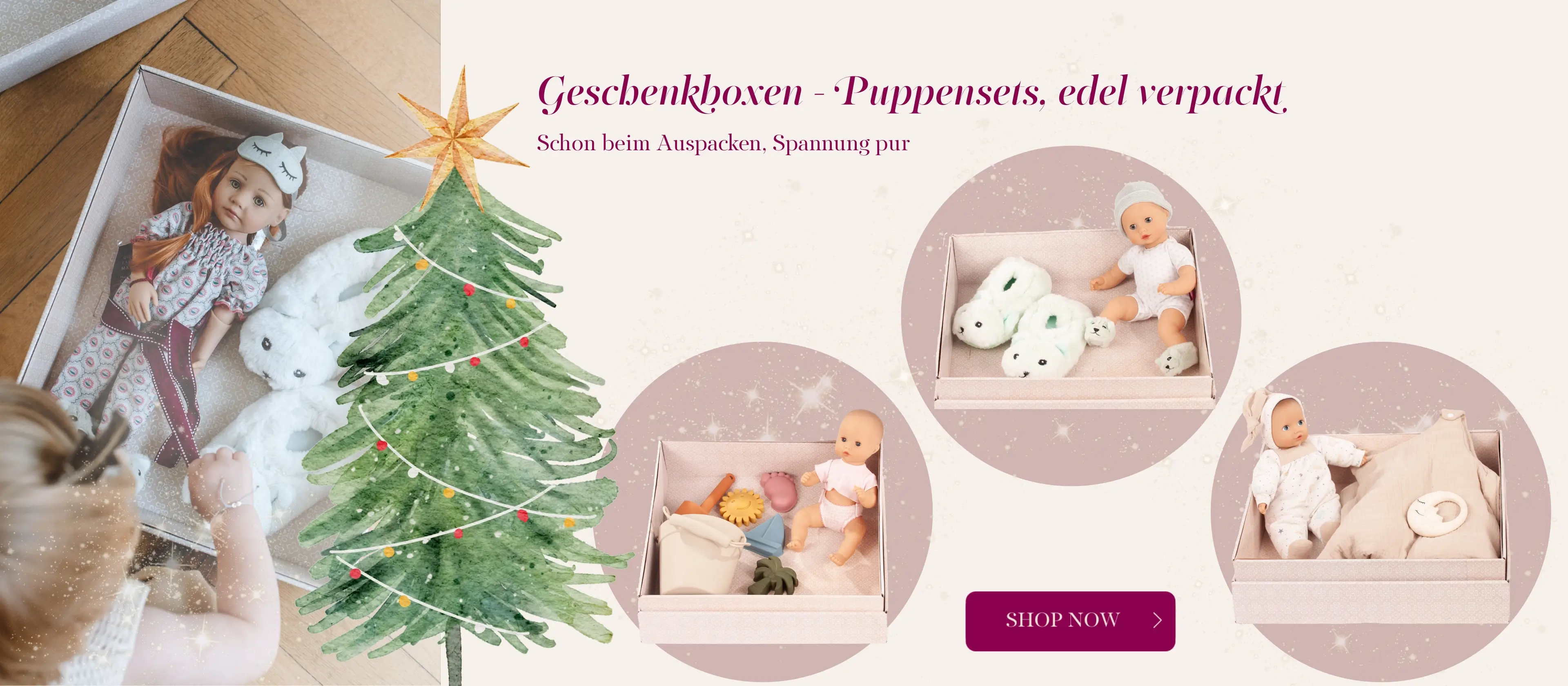 Geschenkboxen mit Babypuppe, Badepuppe oder Erstlingspuppe schick verpackt im Set von Goetz