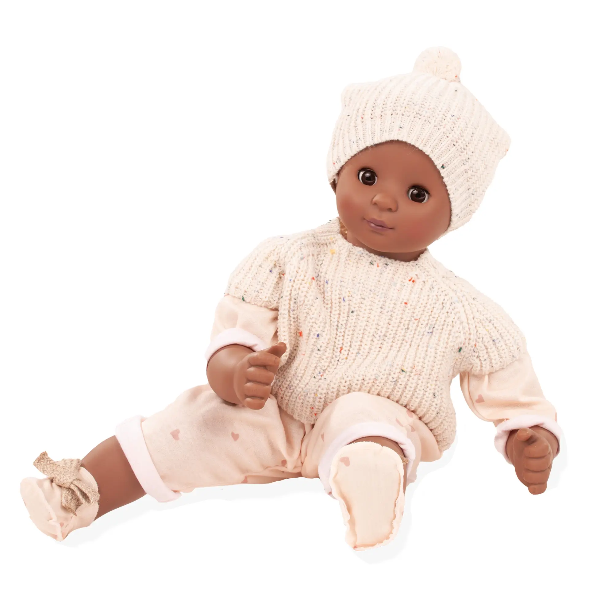 2567841-maxy-muffin-alles-strick-babypuppe-goetz maxy-muffin-alles-strick-babypuppe-goetz-strickpullover-anzug-strickmuetze-stoffschuhe-braune-augen-schlafaugen-ohne-haare
