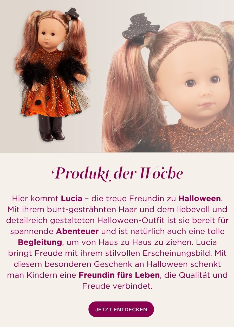 2113038 Lucia Zauberhexe Stehpuppe Goetz Stehpuppe Gr. 27 mit bunt-gestaehntem, langen Haar, braunen Schlafaugen im Halloween Kostuem von Goetz