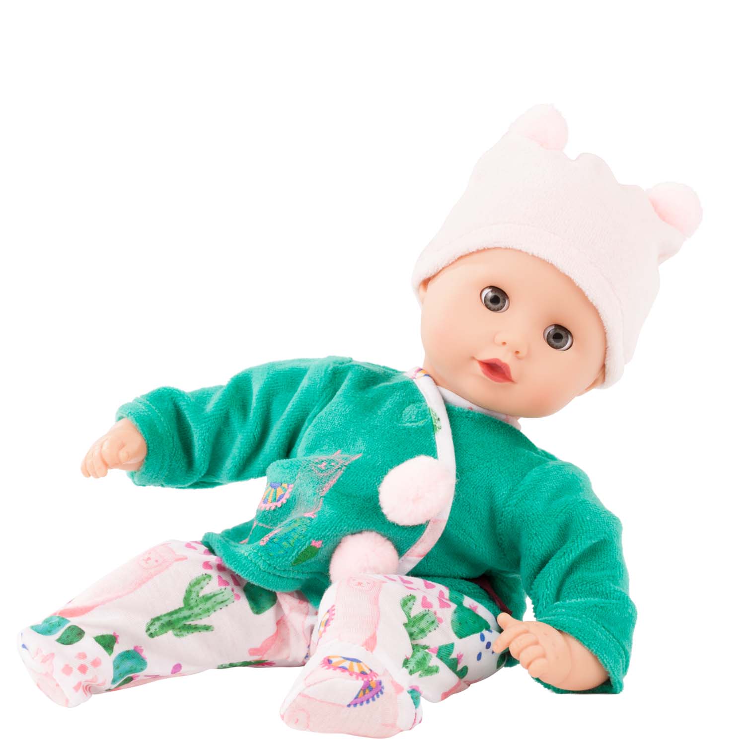 33 cm grosse Babypuppe mit Schlafaugen in gruener Wickeljacke und Hose mit Alpaka- und Kaktus-Motiv sowie passender Muetze