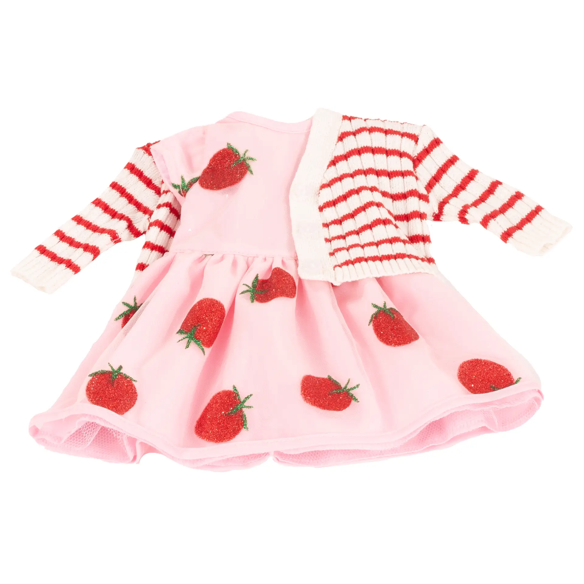 Sommerset bestehend aus einem rosafarbenem Kleid mit Glitzer-Erdbeeren Aufdruck und einer rot-weissen Strickjacke, geringelt. Von Goetz